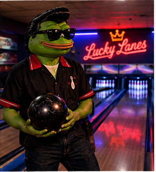 Rockapepe holding a bowling ball at a neon bowling alley