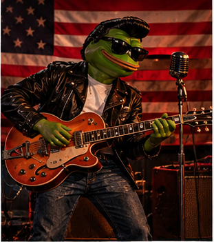 Rockapepe playing an orange electric guitar in front of an American flag