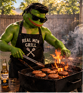Rockapepe grilling burgers in a Real Men Grill apron