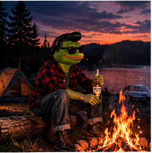 Rockapepe relaxing beside a campfire at a mountain lake