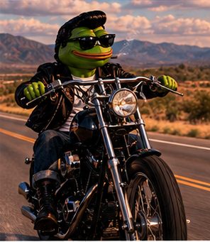 Rockapepe riding a motorcycle along a desert highway