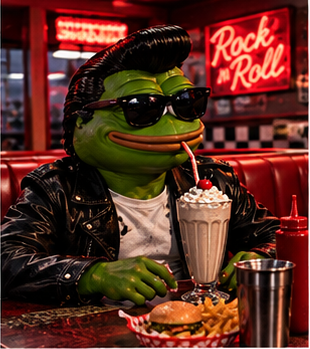 Rockapepe enjoying a milkshake and burger in a neon diner