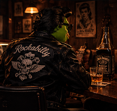 Rockapepe in a Rockabilly leather jacket at a whiskey saloon bar