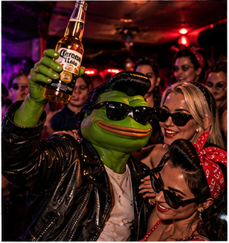 Rockapepe raising a beer with friends at a rockabilly party